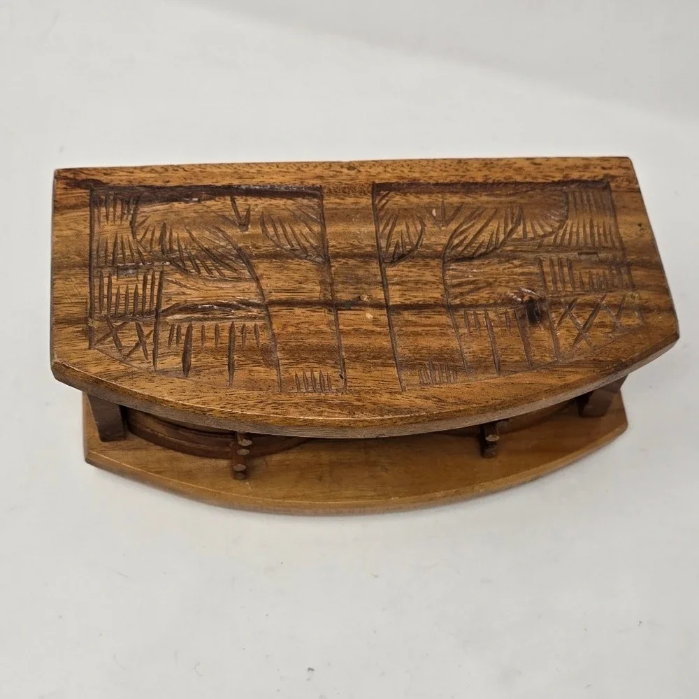 Vtg wood carved enclosed case w/12 Coasters, slide out coasters barware Kitsch